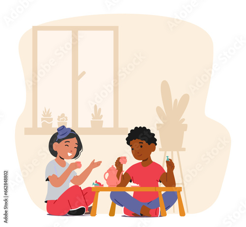 Girl And Boy Gather For A Charming Tea Party, Sipping Tea, Sharing Giggles, And Making Cherished Childhood Memories