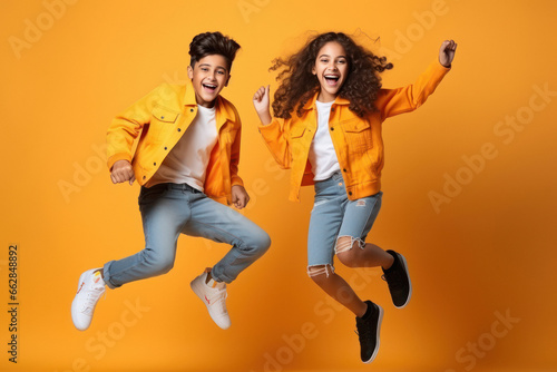 Teenagers jumping in air on yellow background