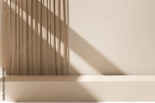 Fototapeta Naklejka Na Ścianę i Meble -  Abstract beige studio background with curtain for product presentation. Empty room with shadows . 3d render