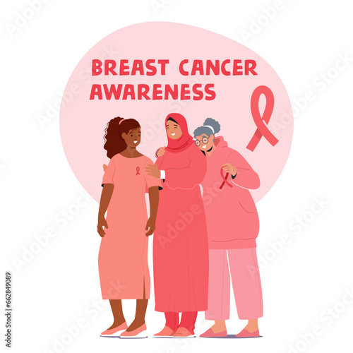 Diverse Women Unite To Promote Breast Cancer Awareness. Female Characters Advocating For Inclusivity In Healthcare