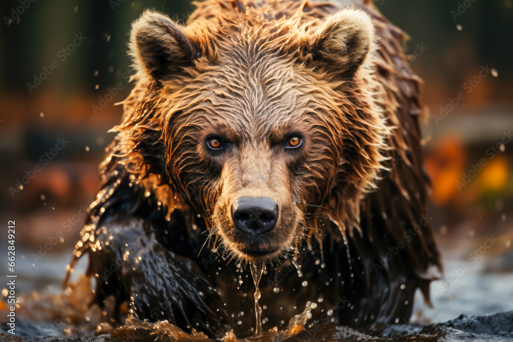 close-up of a grizzly bear in the water in the forest, wildlife - obrazy, fototapety, plakaty 