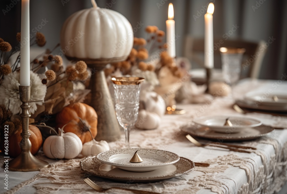 Thanksgiving table setting with pumpkins, generative ai image of elegant dining arrangement.