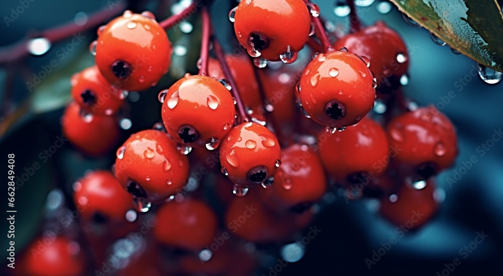 Fototapeta premium Branch with red berries frozen, generative ai.