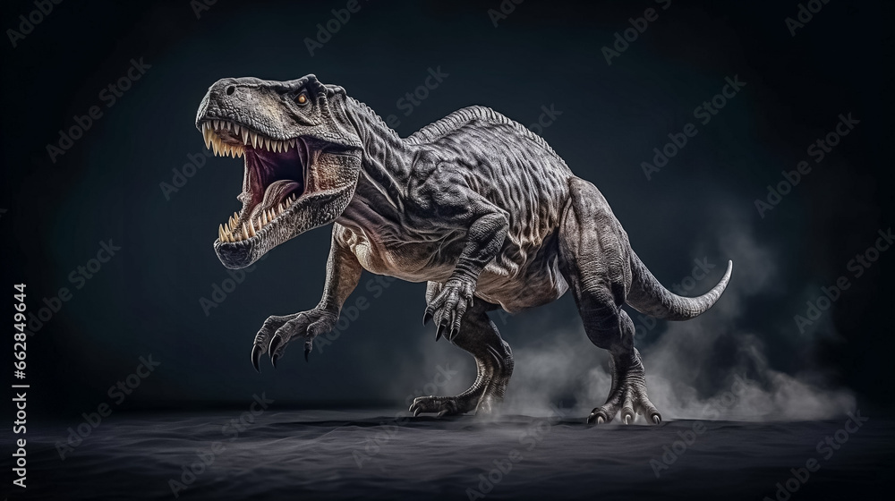 Hyper realistic illustration of carnivore Tyrannosaurus rex or T-rex on dark background. Generative AI