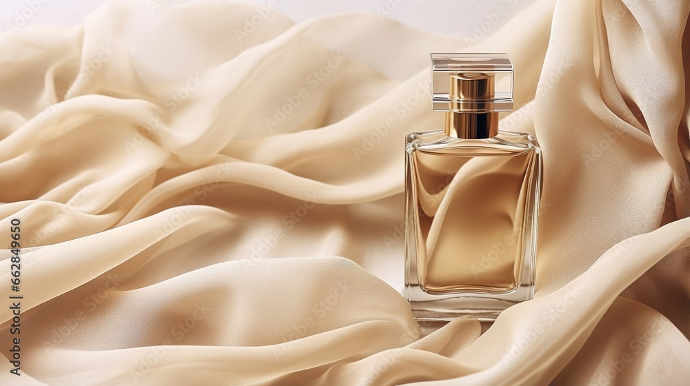 Generative AI, Bottle of perfume on a beige silk background. Glass flask with beige fragrance packaging design mock up - obrazy, fototapety, plakaty 