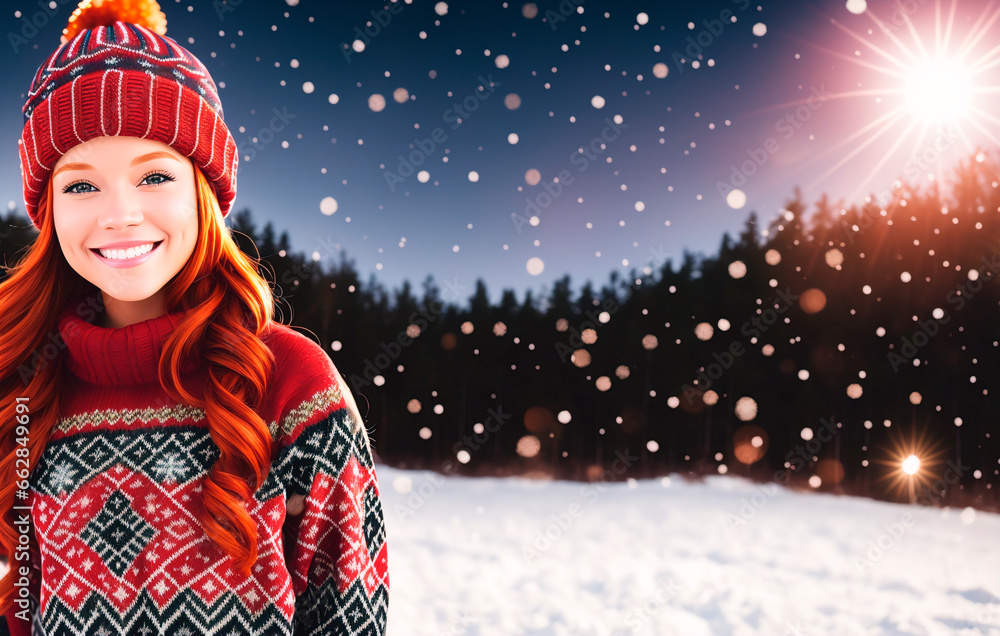 A beautiful girl in a hat and sweater on the background of a winter landscape