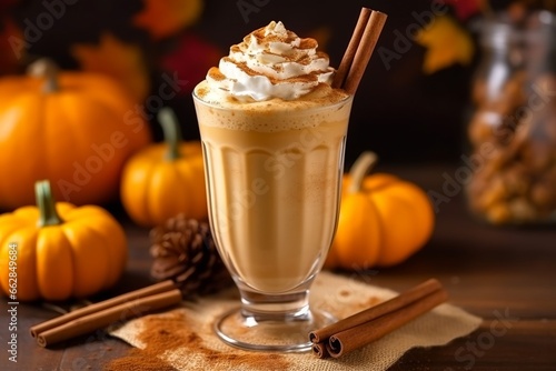 Pumpkin latte, generative ai picture of delicious autumn drink with traditional spices.