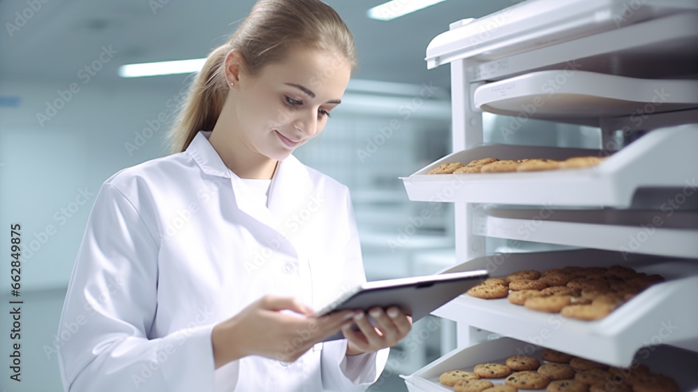 A food female inspector in a sterile white uniform is holding the tablet and looking at collected cookies.


