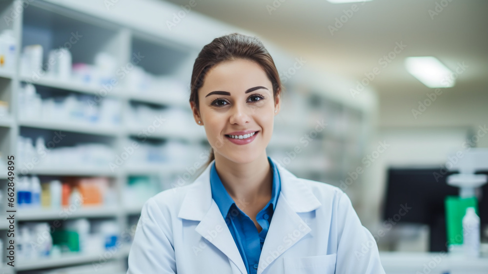 Portrait of young pharmacy drugstore checkout cashier counter. Prescription medicine, vitamins, beauty, health care products.

