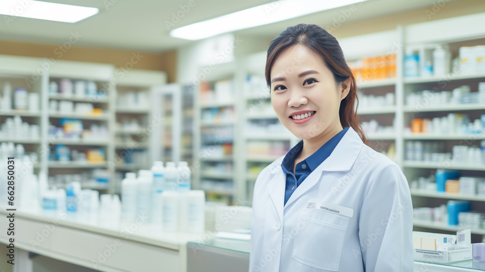 Portrait of young asian pharmacy drugstore checkout cashier counter. Prescription medicine, vitamins, beauty, health care products.

