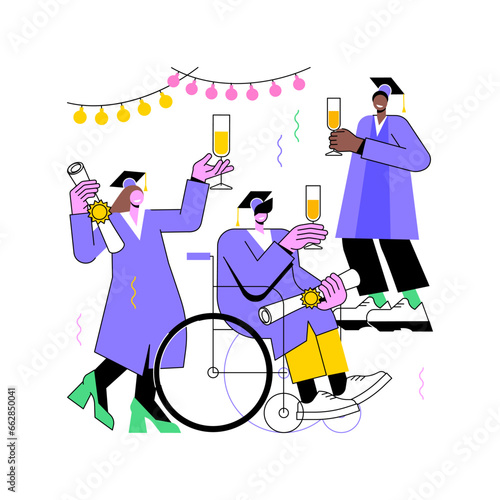 Graduation party isolated cartoon vector illustrations. Students in the mantle embracing and clinking glasses with champagne, having fun at party together, graduation celebration vector cartoon.