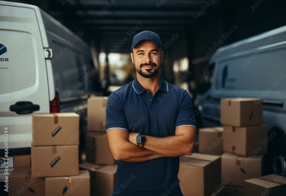 Happy uniformed delivery man or courier warehouse. Boxes stacked on floor. Happy uniformed delivery man or courier warehouse. Boxes stacked on floor.