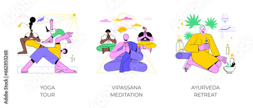 Wellbeing tour isolated cartoon vector illustrations set. Diverse people practice yoga outdoors in nature, vipassana meditation, mindfulness, ayurveda retreat, wellness hotel vector cartoon.