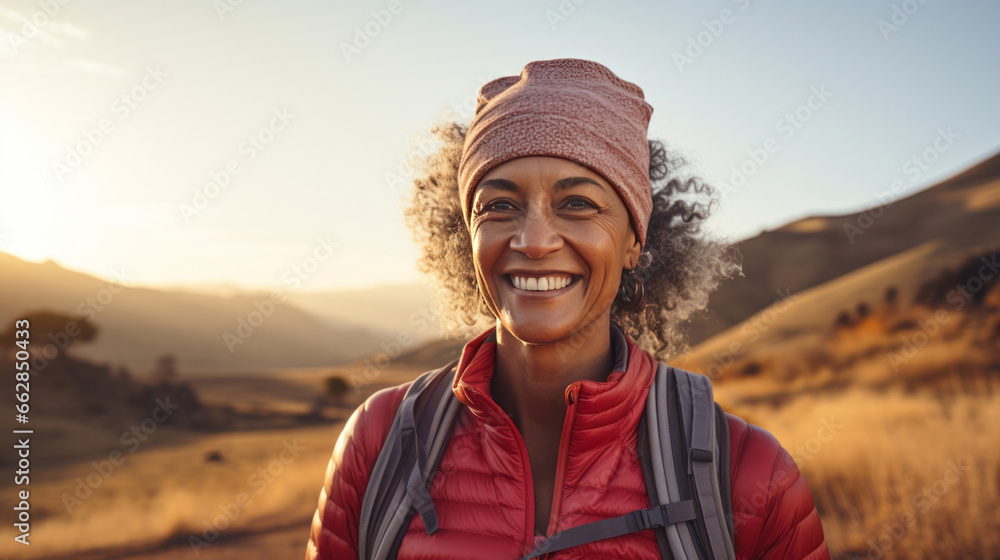 Close-up portrait of woman smiling at camera during hike. Sunset or sunrise.
