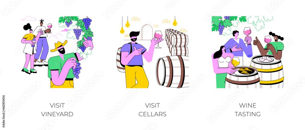 Fototapeta premium Wine tour isolated cartoon vector illustrations set. Group of diverse people visit vineyard, speak to winemaker, tour to cellars, tasting experience, gastronomy trip vector cartoon.