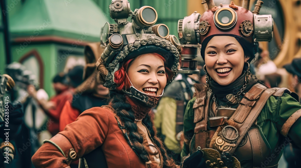 portrait of several women from an alternative reality dressed in steampunk style , partying, having a good time.