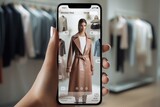 Fashion AI: Close-up phone showing attire with generated style tips. Next-gen online shopping