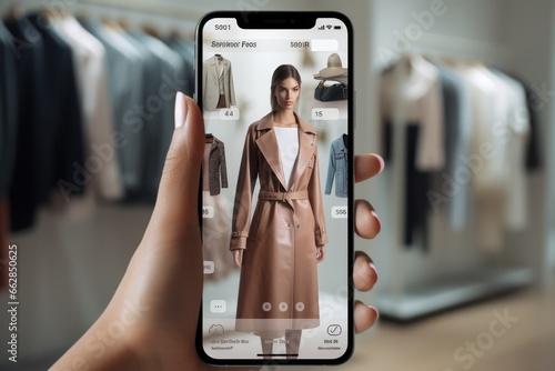 Fashion AI: Close-up phone showing attire with generated style tips. Next-gen online shopping photo