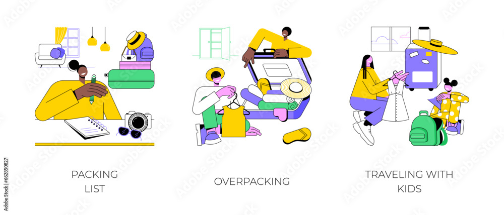 Packing for vacation isolated cartoon vector illustrations set. Woman writes list of things to pack, overpacking suitcase, traveling with kids, child and mom make luggage together vector cartoon. Packing for vacation isolated cartoon vector illustrations set. Woman writes list of things to pack, overpacking suitcase, traveling with kids, child and mom make luggage together vector cartoon.