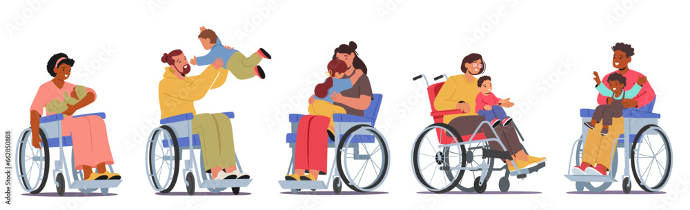 Loving Scenes With Disabled Parents In A Wheelchair, Sharing Tender Moments With Their Little Children, Vector