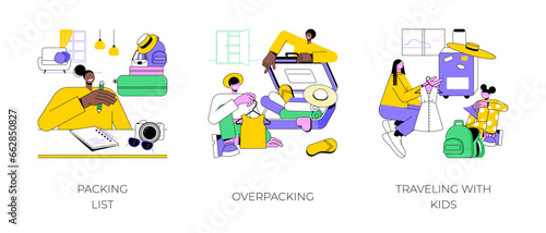 Packing for vacation isolated cartoon vector illustrations set. Woman writes list of things to pack, overpacking suitcase, traveling with kids, child and mom make luggage together vector cartoon.