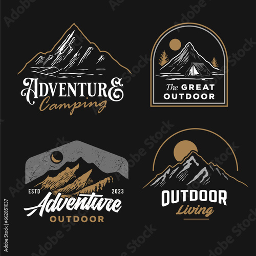 classic t-shirt graphic art assets. set collection of vintage adventure badge . Camping emblem logo with mountain illustration in retro hipster style.