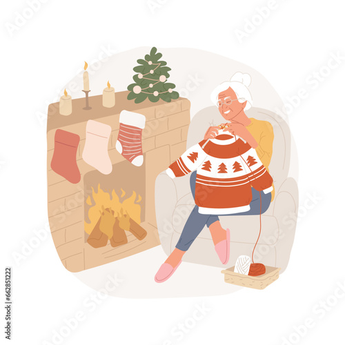 Christmas sweater isolated cartoon vector illustration. Happy grandma knitting sweater, Christmas time, home coziness, religious holiday spirit, making handmade clothes vector cartoon.