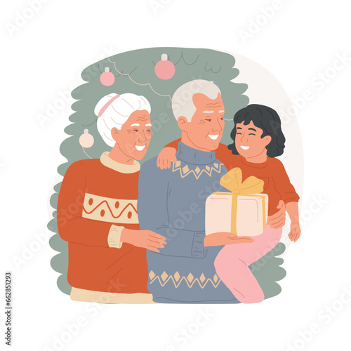Visiting grandparents isolated cartoon vector illustration. Smiling grandparents spending Christmas time with granddaughter, celebrating winter holiday with relatives vector cartoon.