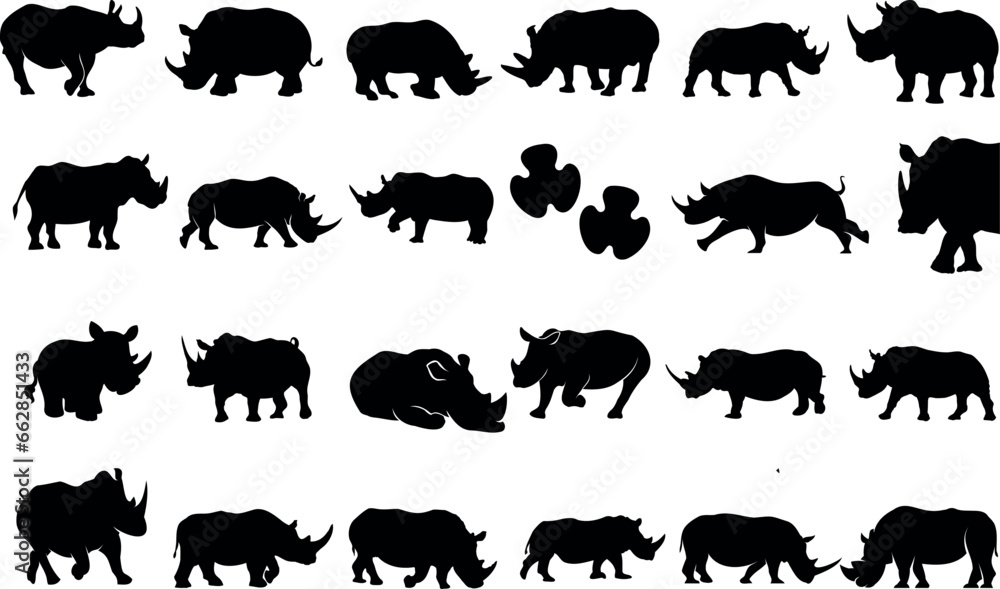 Fototapeta premium Rhinoceros Vector Illustration, Rhino Silhouettes, Rhino Clipart,This vector illustration shows a group of rhinoceros silhouettes on a white background. The silhouettes are detailed and realistic,