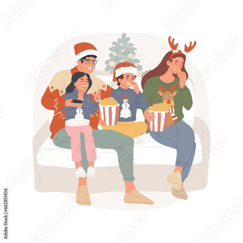 Happy time isolated cartoon vector illustration. Happy family in traditional xmas sweaters celebrating Christmas with fun, spending time with relatives, watching movie together vector cartoon.