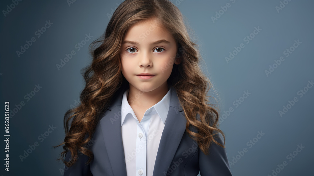 Little girl dressed as a businessman stands against a black background. Little girl dressed as a businessman stands against a black background.