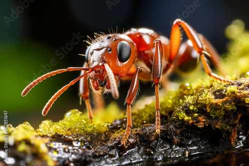 close-up of a red ant in the forest, wildlife