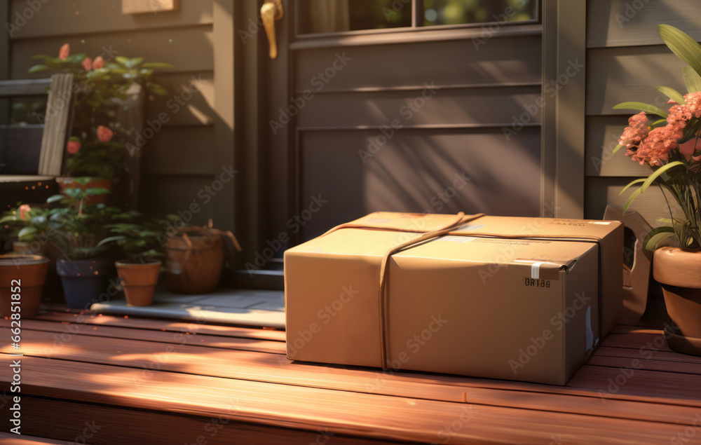 Delivered parcel on doorstep. Delivery concept. Delivered parcel on doorstep. Delivery concept.