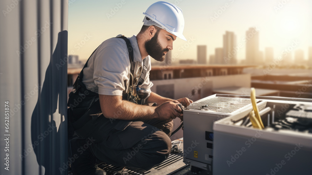 Air Conditioning Repair, repairman on the rooftop fixing air conditioning system. Air Conditioning Repair, repairman on the rooftop fixing air conditioning system.