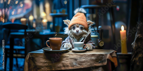 a cute little dog and a hat and coat is at cafeteria with a cup of coffee and breakfast, winter