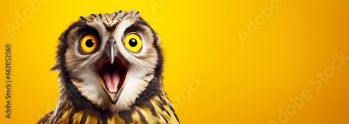 Surprised and shocked owl on yellow background. Emotional animal portrait. With copy space. photo