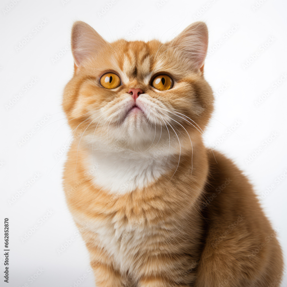 Close up a exotic shorthair, Angle to capture the whole body, studio photo, White background
