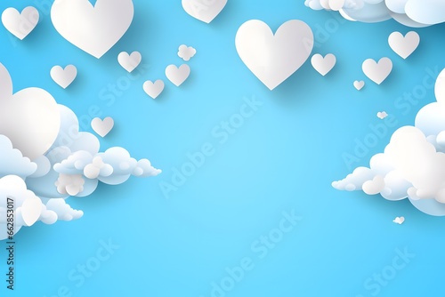 Background with blue sky and paper cut clouds and hearts. Happy Valentine's day.