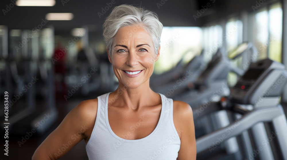 Senior woman posing in gym. Confident smile. Looking at camera.