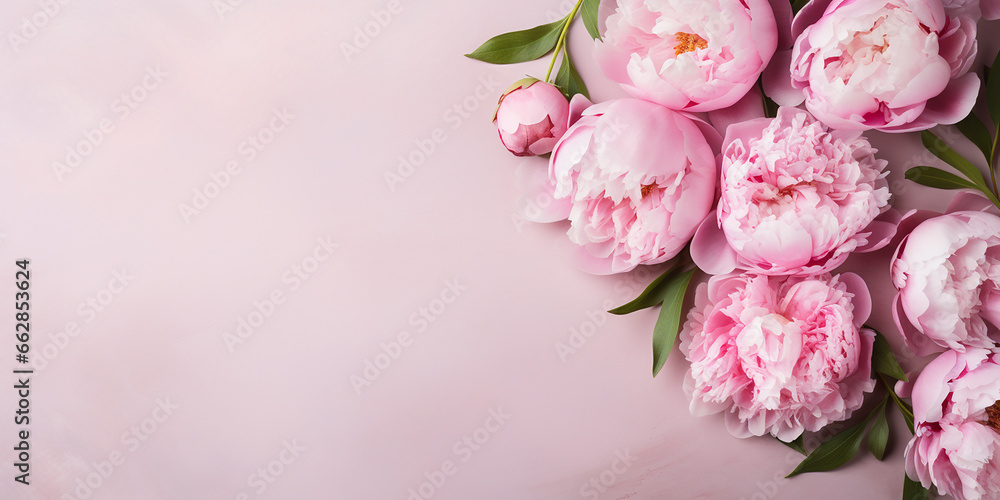 flat lay, peony flowers on a pink background. border of pink flowers with space for text. - obrazy, fototapety, plakaty 