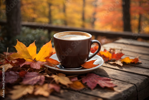 A cup of coffee on wooden table with autumn leaves .