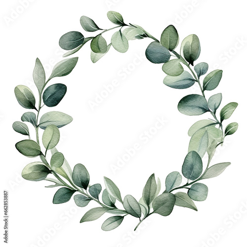 watercolor drawing, wreath, round frame of eucalyptus leaves. delicate illustration, clipart