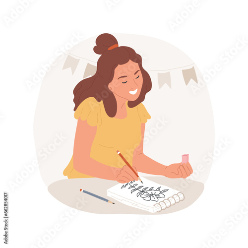 Pencil sketching and drawing isolated cartoon vector illustration. Beautiful girl doing sketch with pencil, hands-on activity, creative art, leisure time, arts and craft hobby vector cartoon.