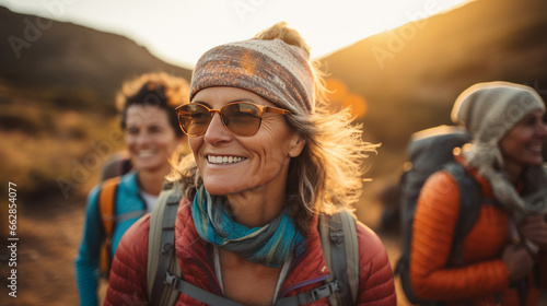 Group of senior women. Sunset or sunrise hike. Healthy lifestyle concept. © AllistairBot/Peopleimages - AI