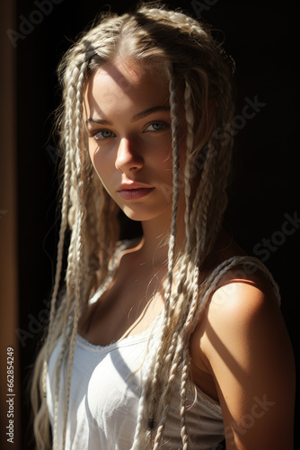 Light and shadow play box braids white girl. Looking to the left side