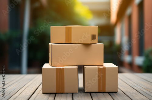 Parcels piled in on outside table. Delivery concept. © AllistairBot/Peopleimages - AI