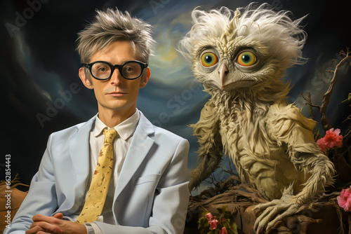 a man in a suit and glasses sitting next to a strange animal, similar in appearance to each other, meme, humorous, photo