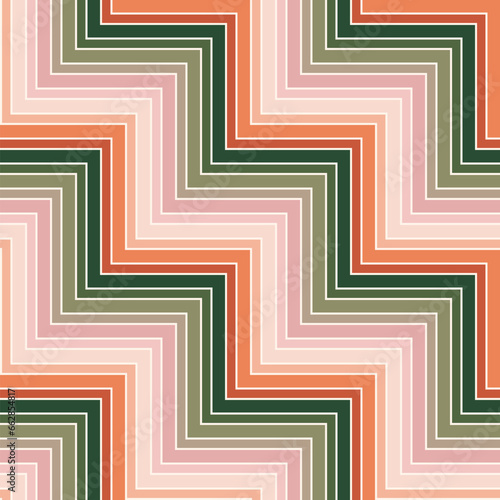 Vector chevron seamless pattern. Simple zigzag stripes texture. Funky background with diagonal broken lines, striped zig zag. Abstract geometric pattern. Pink, green, orange color. Retro vintage style