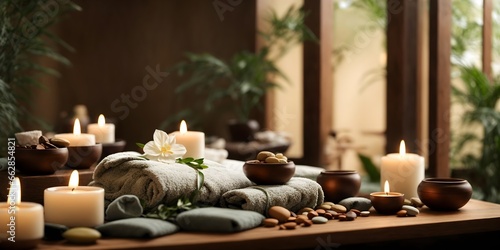 Zen  meditation  relaxing background with poll. Luxury spa resort and wellness haven. Generative AI.