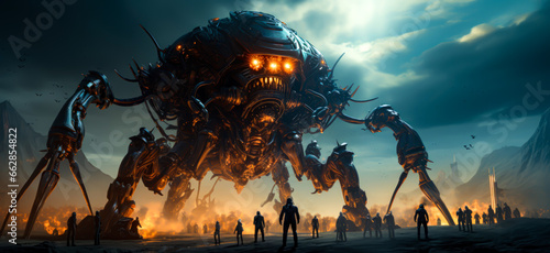 humanity is subdued by giant robots created with artificial intelligence, post-apocalyptic cinematic style.